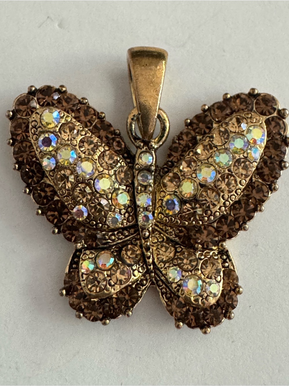 Vintage Style Amber Topaz/Aurora Boriolis Butterfly Pendant in Gold Tone